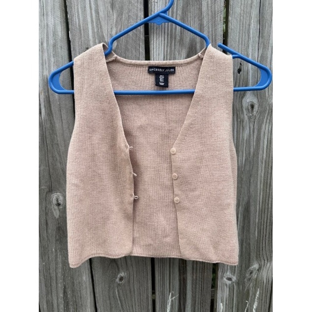 Minimalist Neutral Sincerely Jules Knit Sweater Vest S Tan V-Neck Button Front